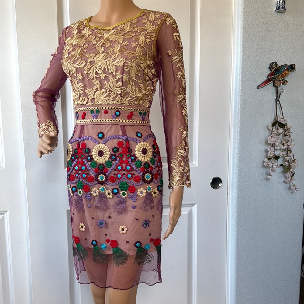 Custom hand crafted elegant ethnic embroidered floral dress XS
